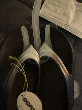 OOFOS Black Footbed with Metallic Silver Straps Flip Flops